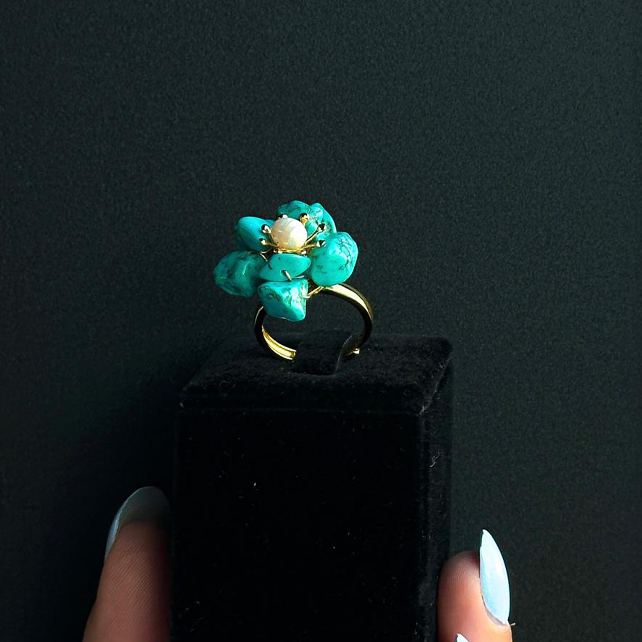 Turquoise Stone with Natural Pearls, Silver Gold Plated Ring