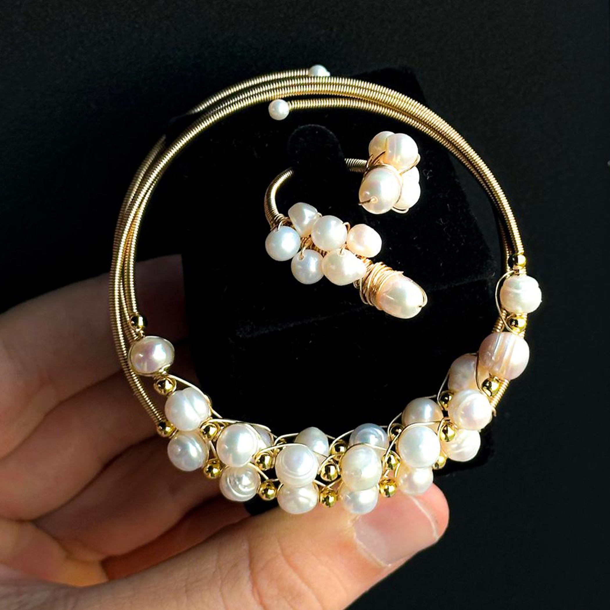 Natural Pearl Gold Plated Bracelet with Ring