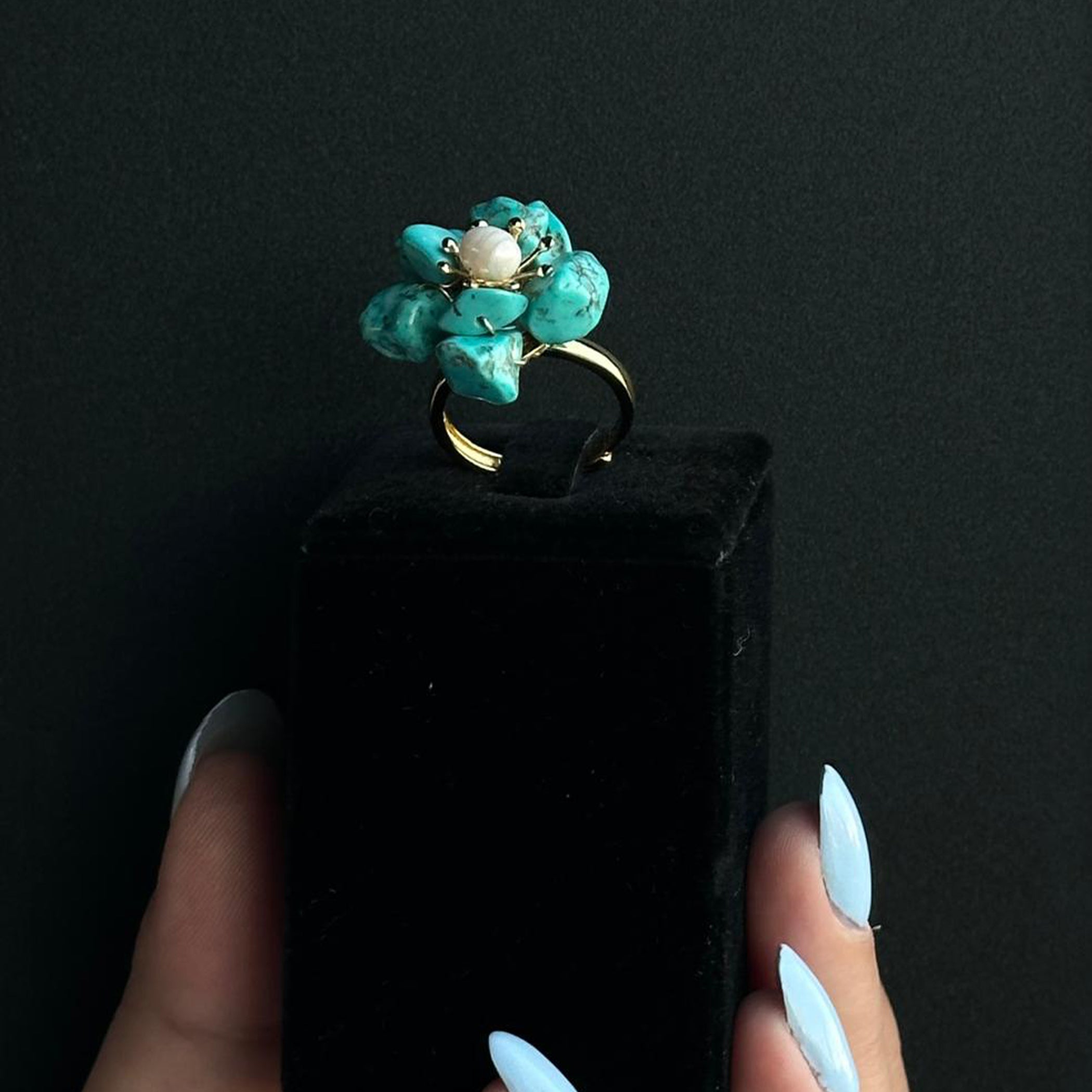 Turquoise Stone with Natural Pearls, Silver Gold Plated Ring