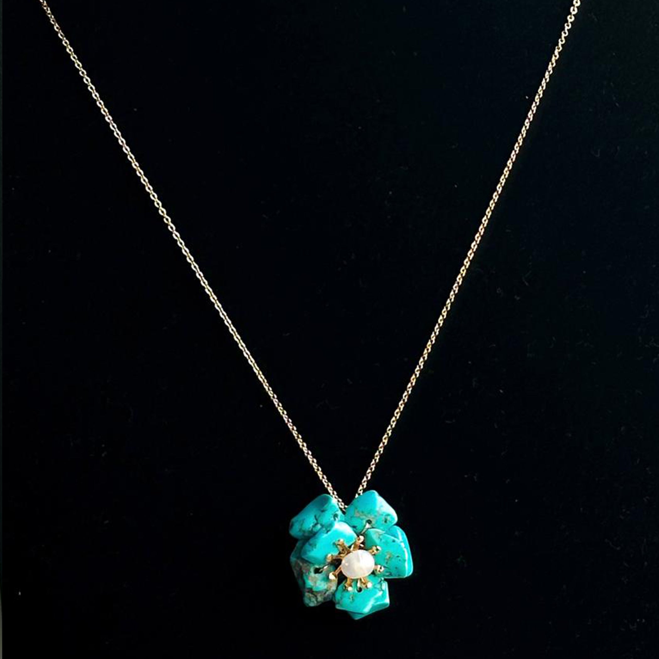 Turquoise Stone with Natural Pearls, Silver Gold Plated Necklace