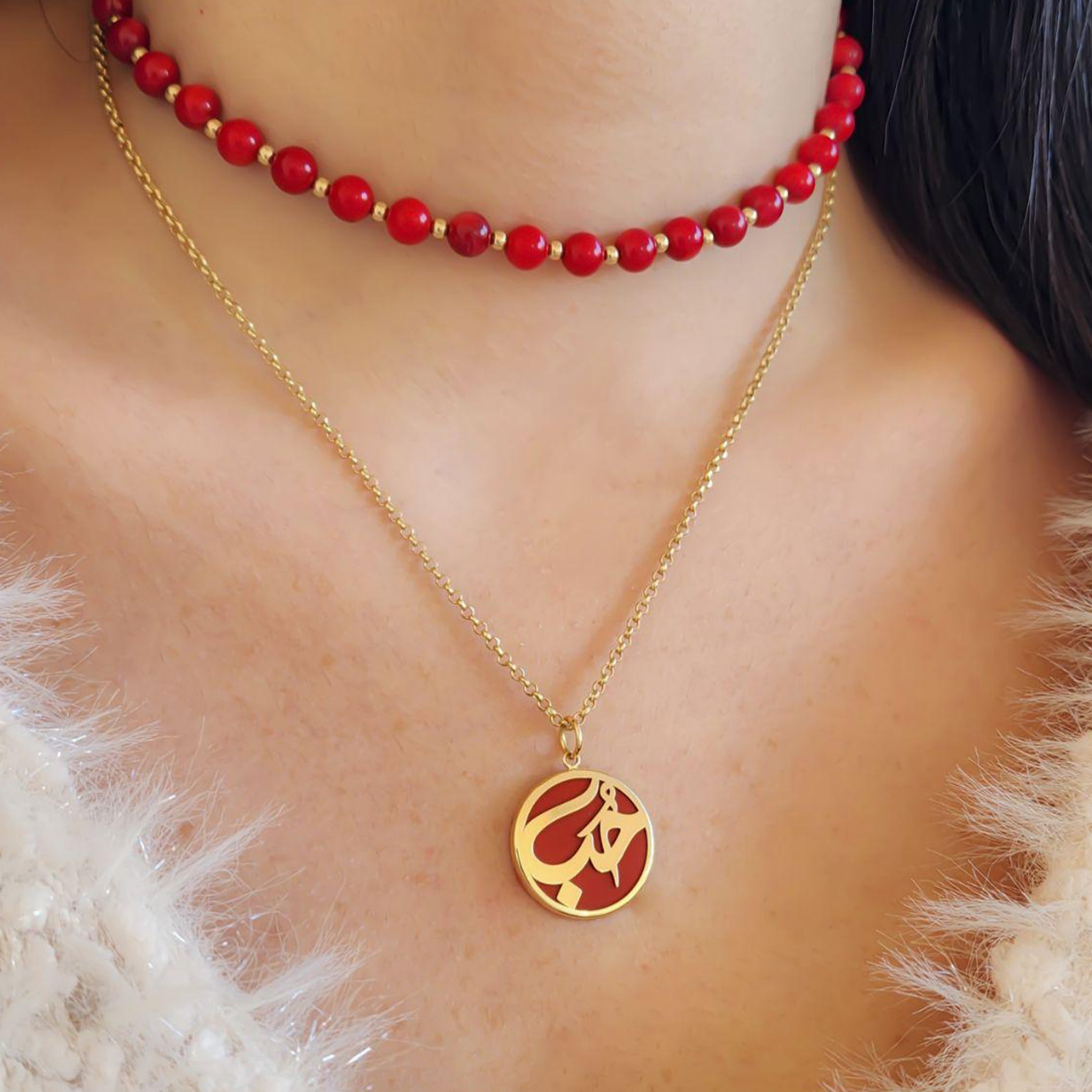 Gold Coral Stone with Gold Balls Choker Design