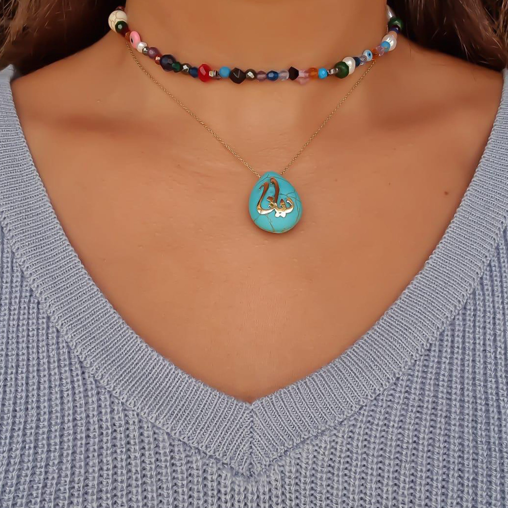 Gold Name Design Turquoise Stone Necklace