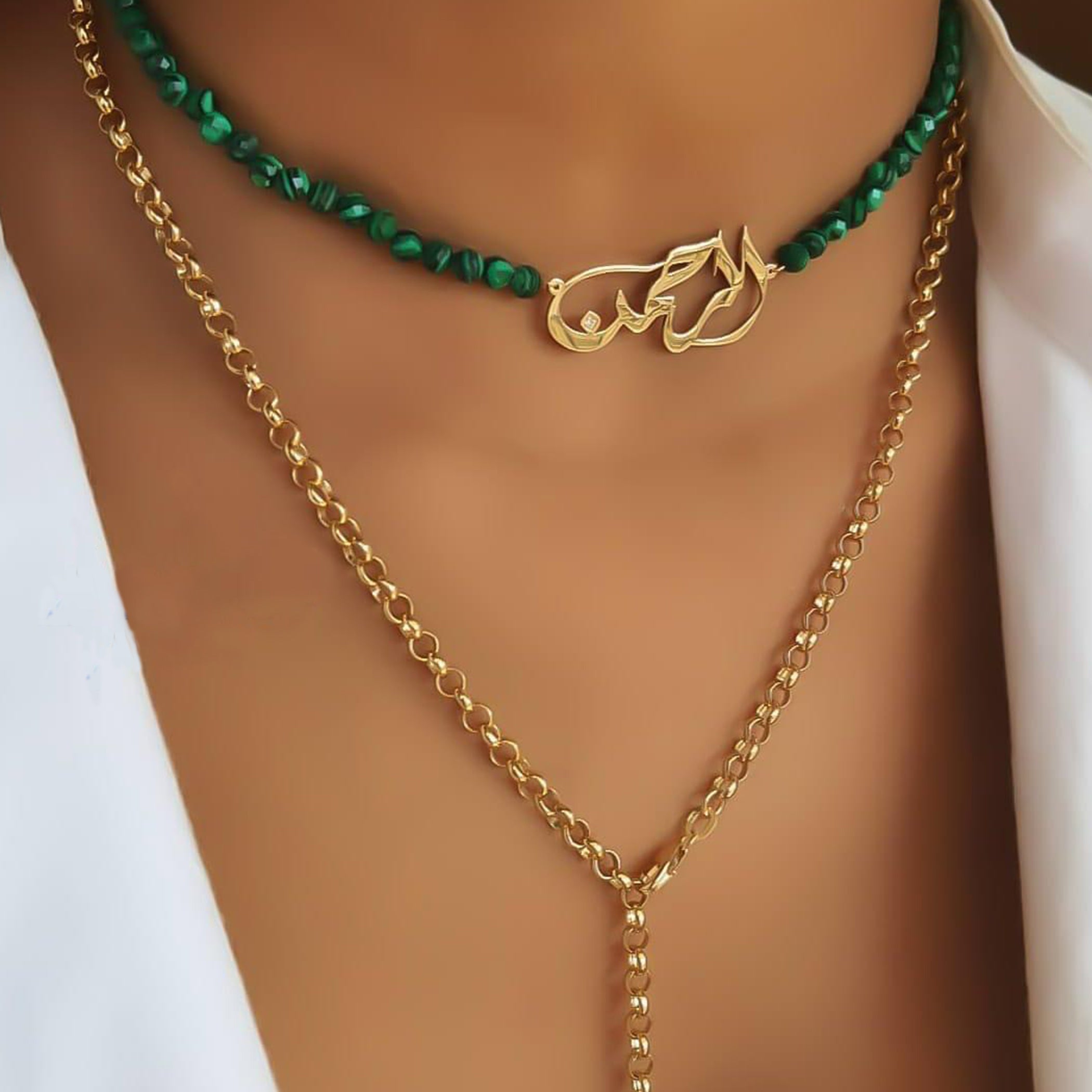 Gold Name Design with Malachite Stone Necklace