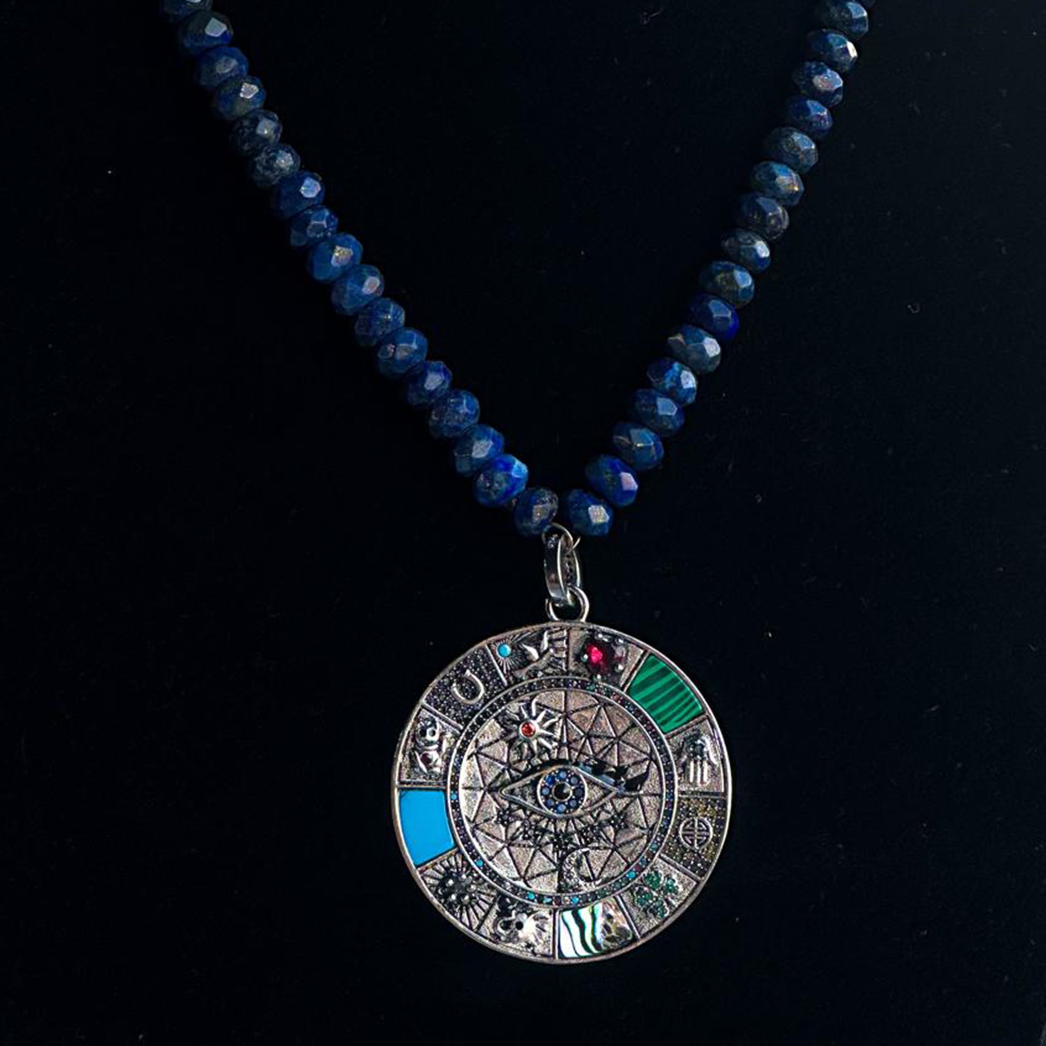 Vintage Italian Silver With Natural Stone Pendent And Lapiz Stone Necklace