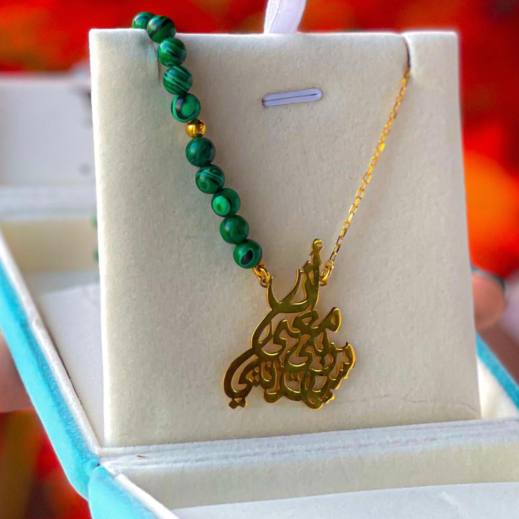 Silver Gold Plated Design With Malachite Stone Necklace