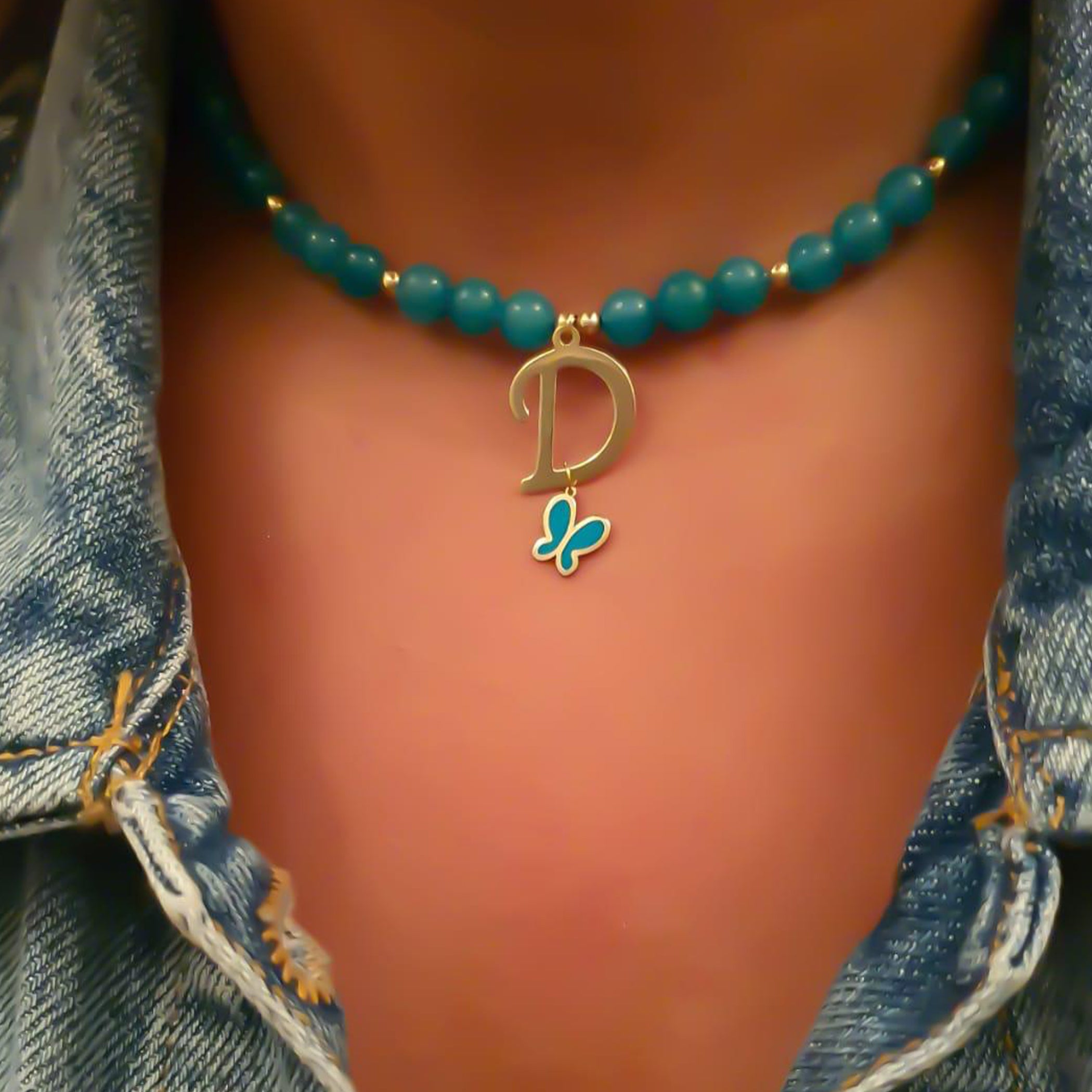 Gold Letter Design with Natural Stone Necklace