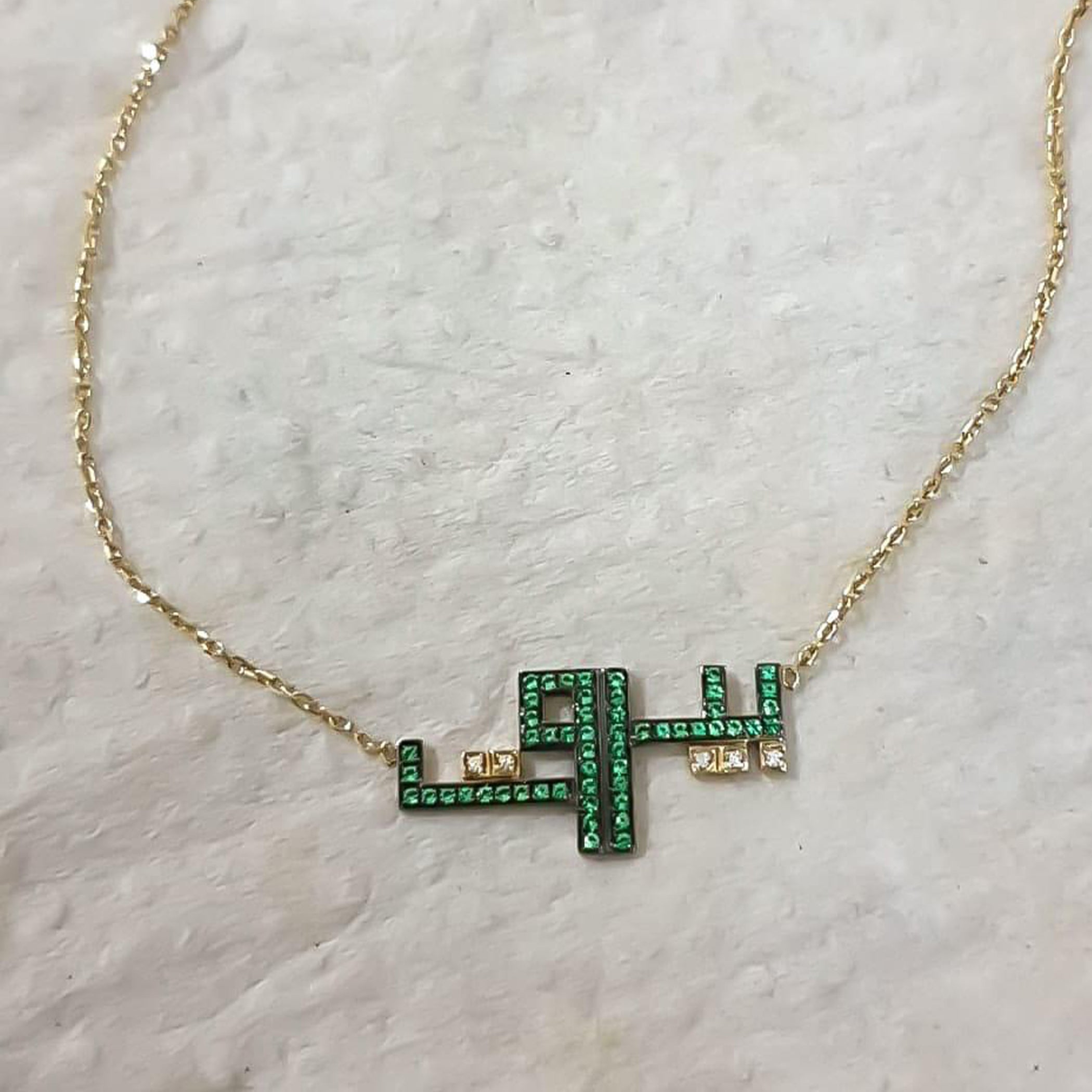 Gold Name Geometric Kufic Calligraphy Design With Zirconia Stone Necklace