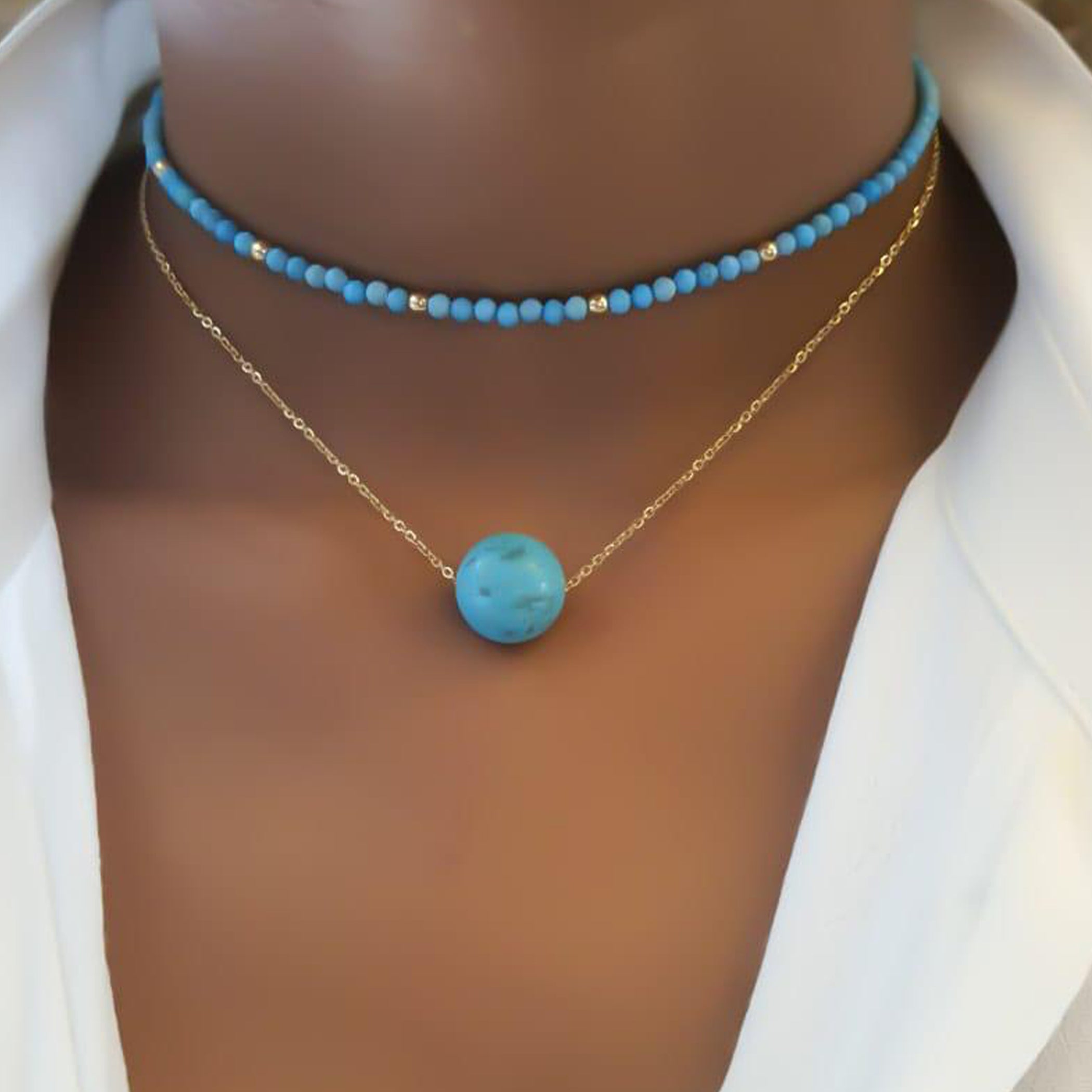 Gold Turquoise Stone with Gold Balls Design choker