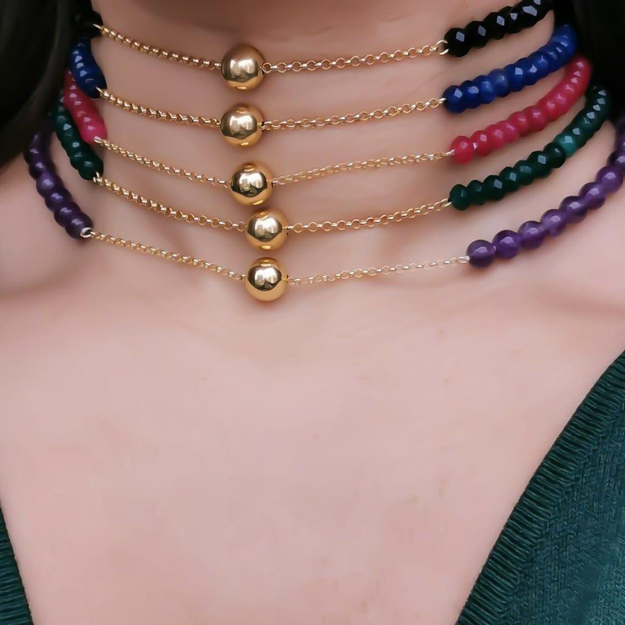 Gold Ball with Natural Stone Necklace