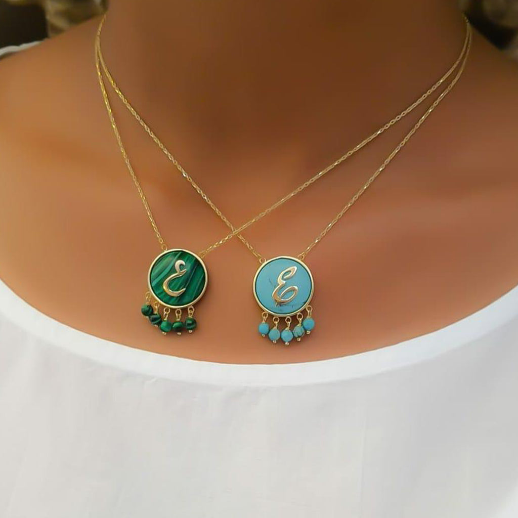 Gold Letter Design Malachite Stone Necklace