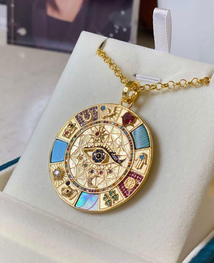Vintage Pendent Italian Silver Gold Plated With Natural Stone And Chopard Chain