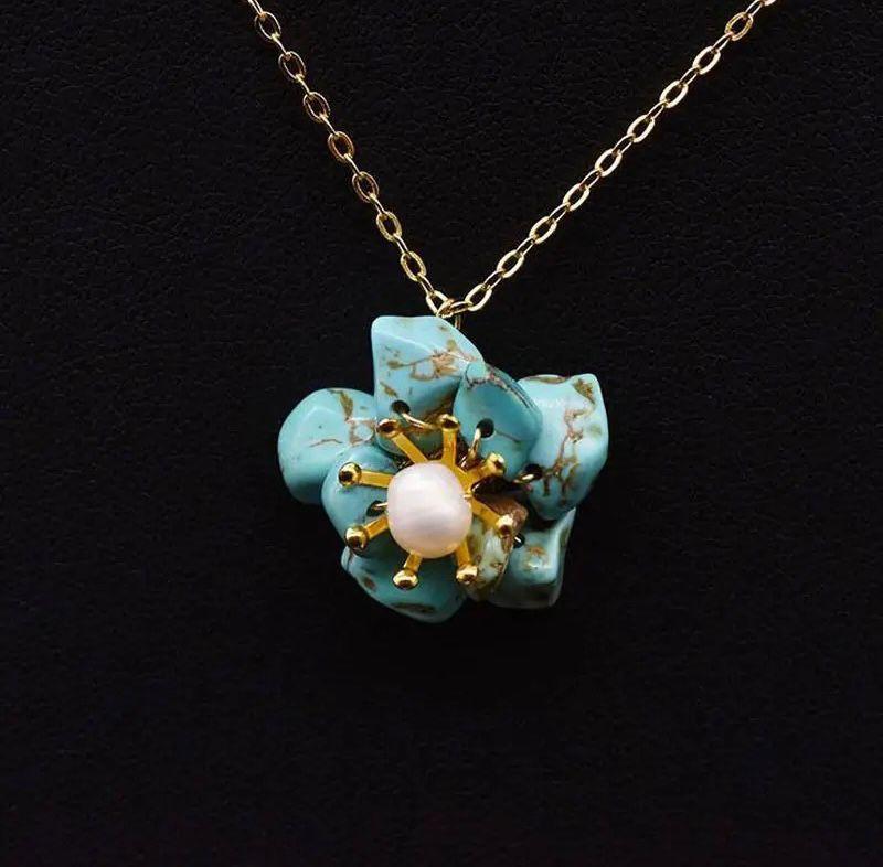 Turquoise Stone with Natural Pearls, Silver Gold Plated Necklace
