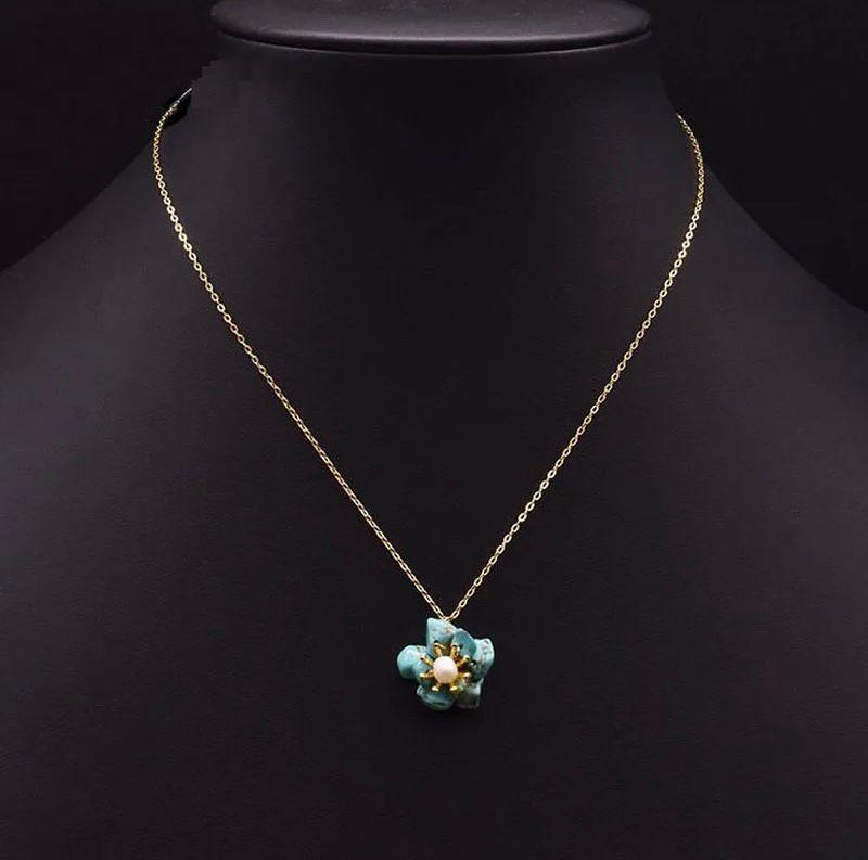 Turquoise Stone with Natural Pearls, Silver Gold Plated Necklace