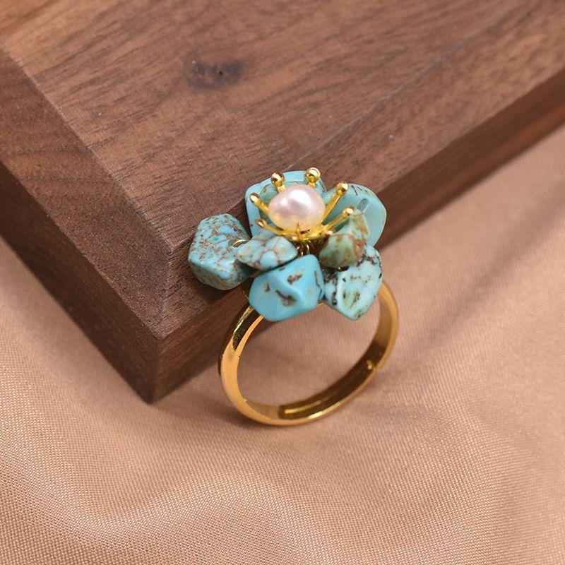 Turquoise Stone with Natural Pearls, Silver Gold Plated Ring