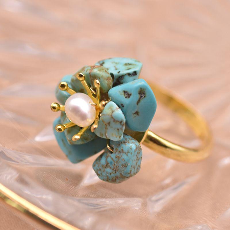 Turquoise Stone with Natural Pearls, Silver Gold Plated Ring