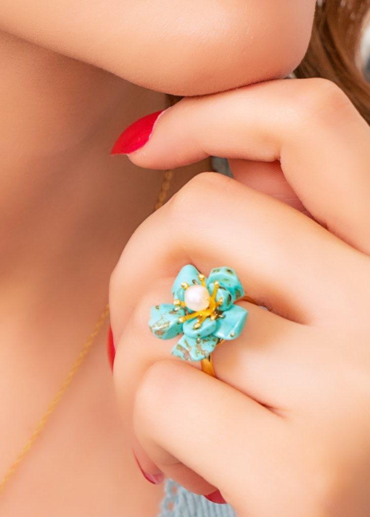 Turquoise Stone with Natural Pearls, Silver Gold Plated Ring