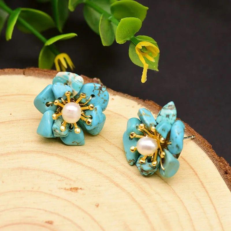Turquoise Stone with Natural Pearls, Silver Gold Plated Earring