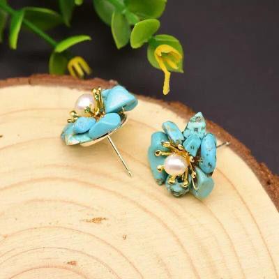 Turquoise Stone with Natural Pearls, Silver Gold Plated Earring