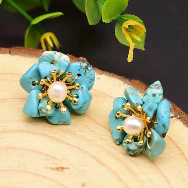 Turquoise Stone with Natural Pearls, Silver Gold Plated Earring