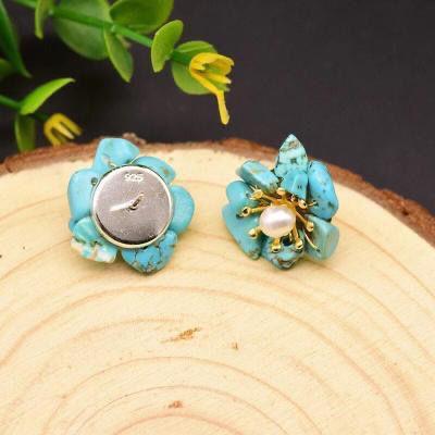 Turquoise Stone with Natural Pearls, Silver Gold Plated Earring