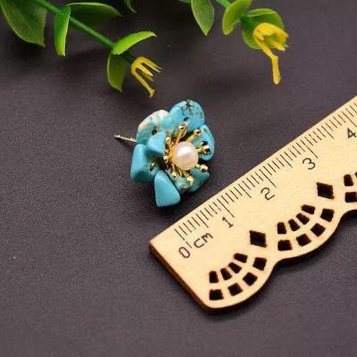 Turquoise Stone with Natural Pearls, Silver Gold Plated Earring