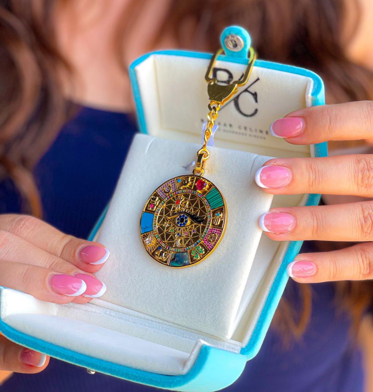 Vintage Keychain Italian Silver Gold Plated With Natural Stone