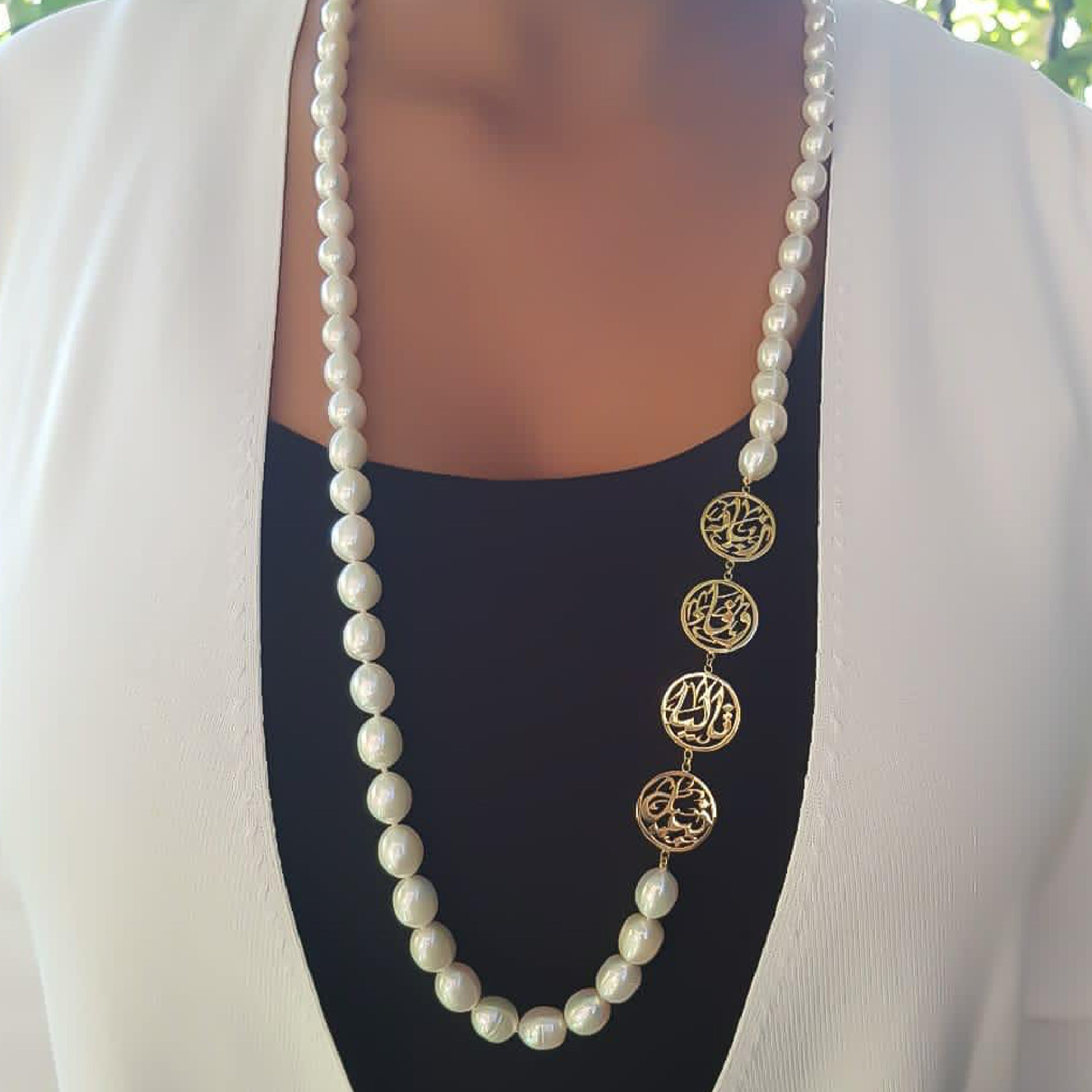 Gold Family Names Design with Natural Pearl Necklace