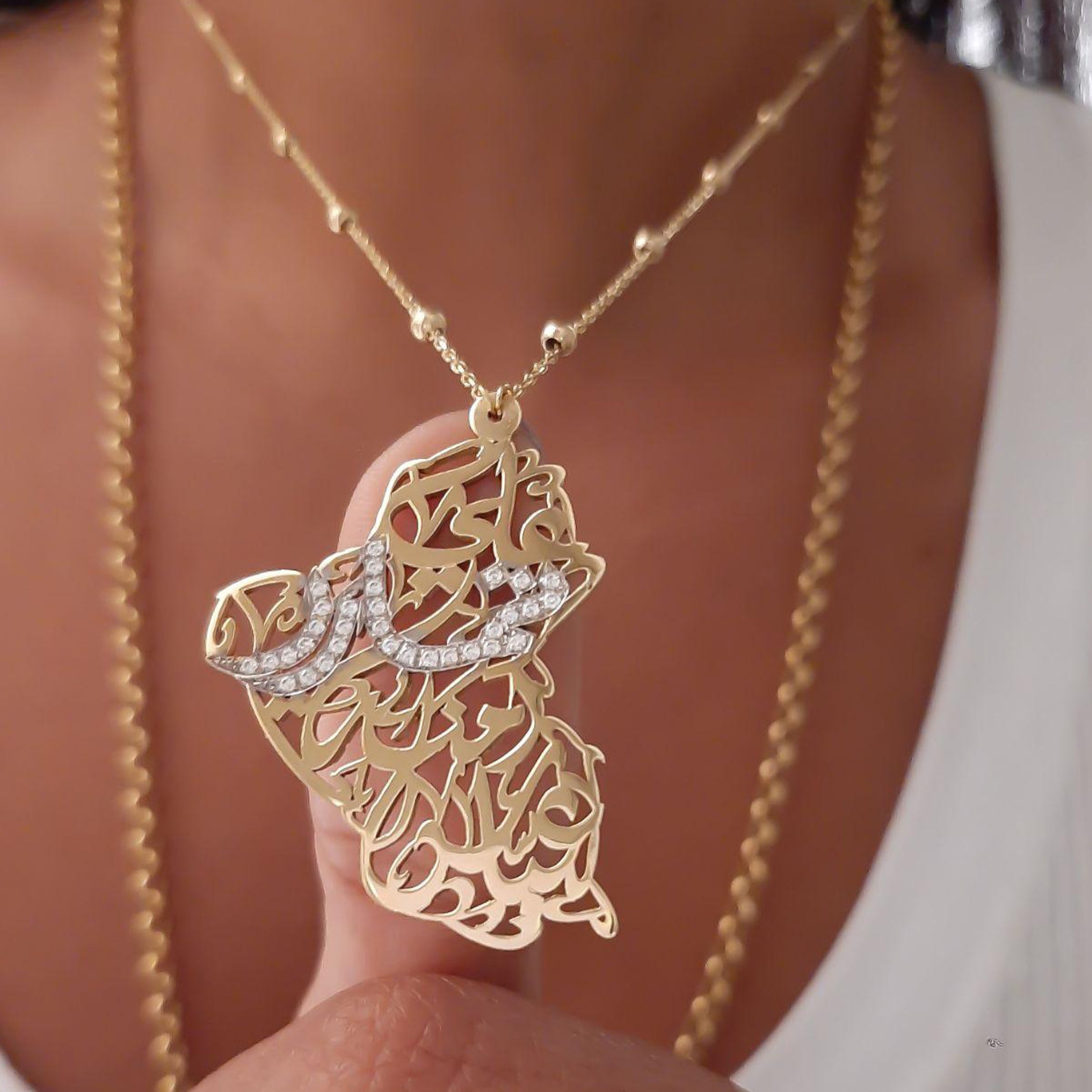 Gold Iraq Map With Family Names Design Necklace