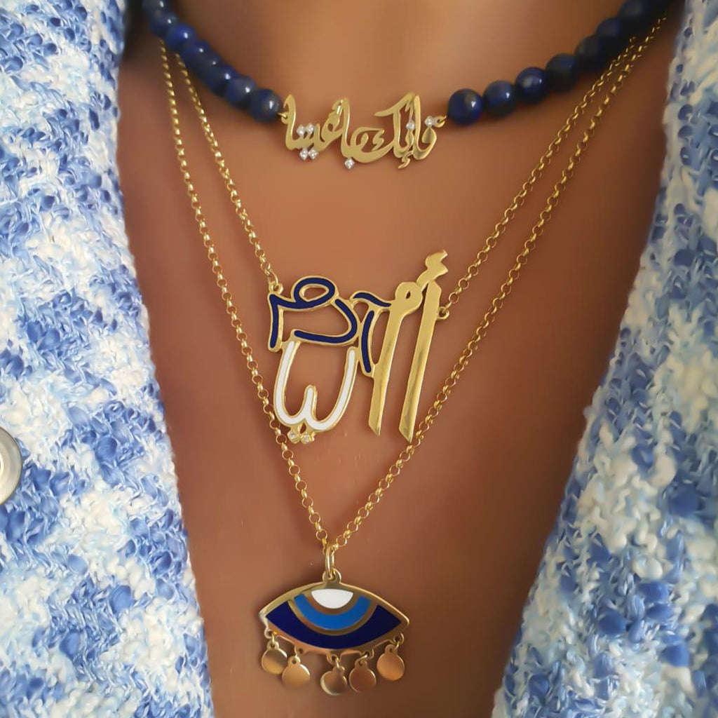 Gold Blue Eye Design With Italian Enamel Necklace