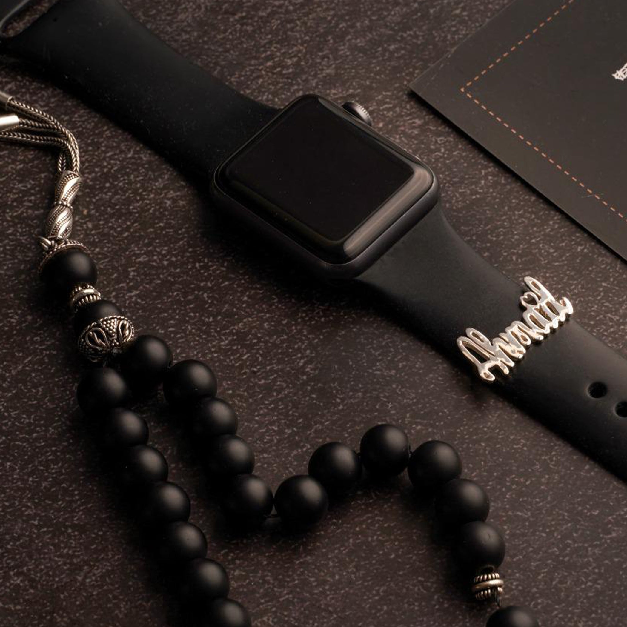 Nature Black Onyx Stone Masbaha with Italian Silver Karkosha Design ‎