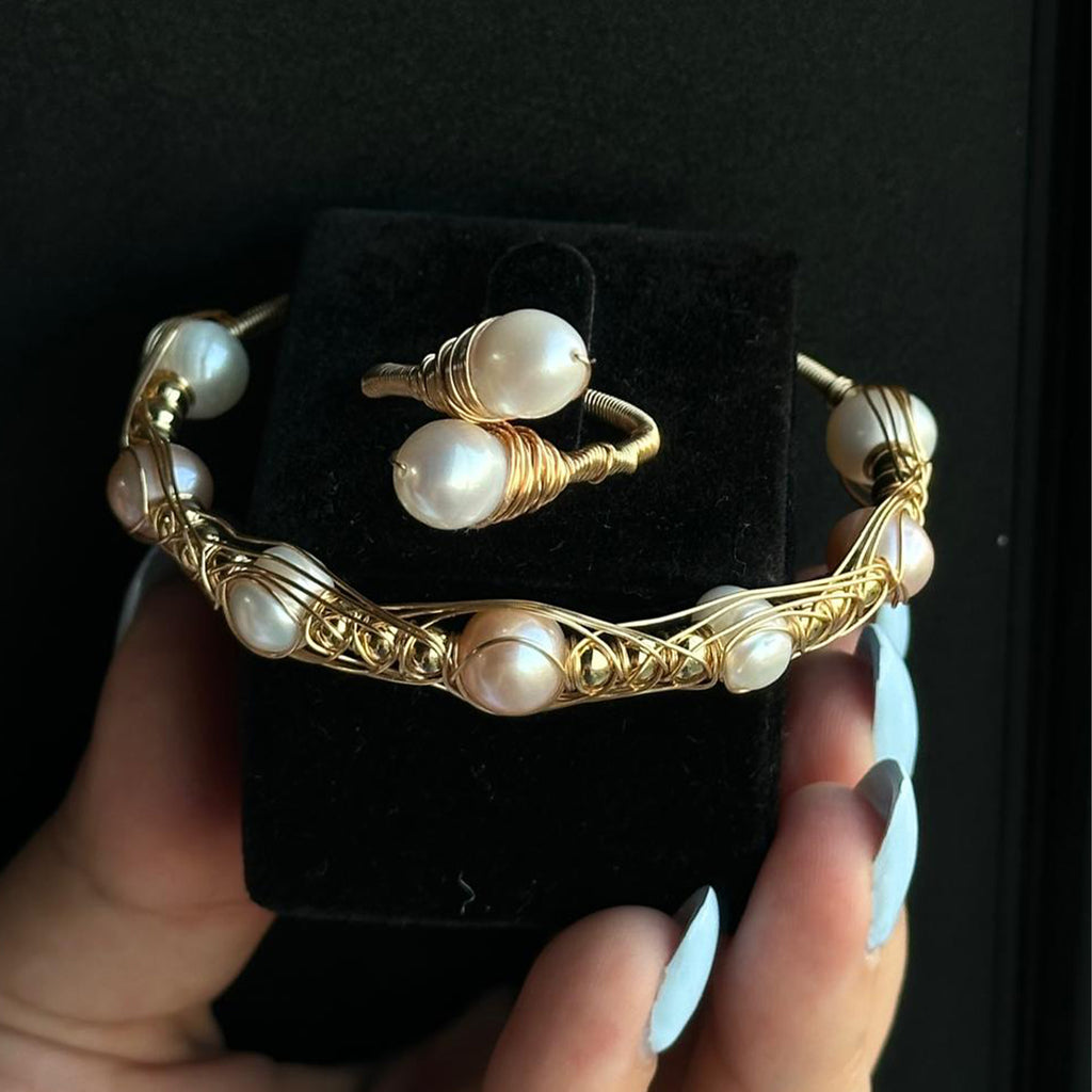 Natural Pearl Gold Plated Bracelet with Ring