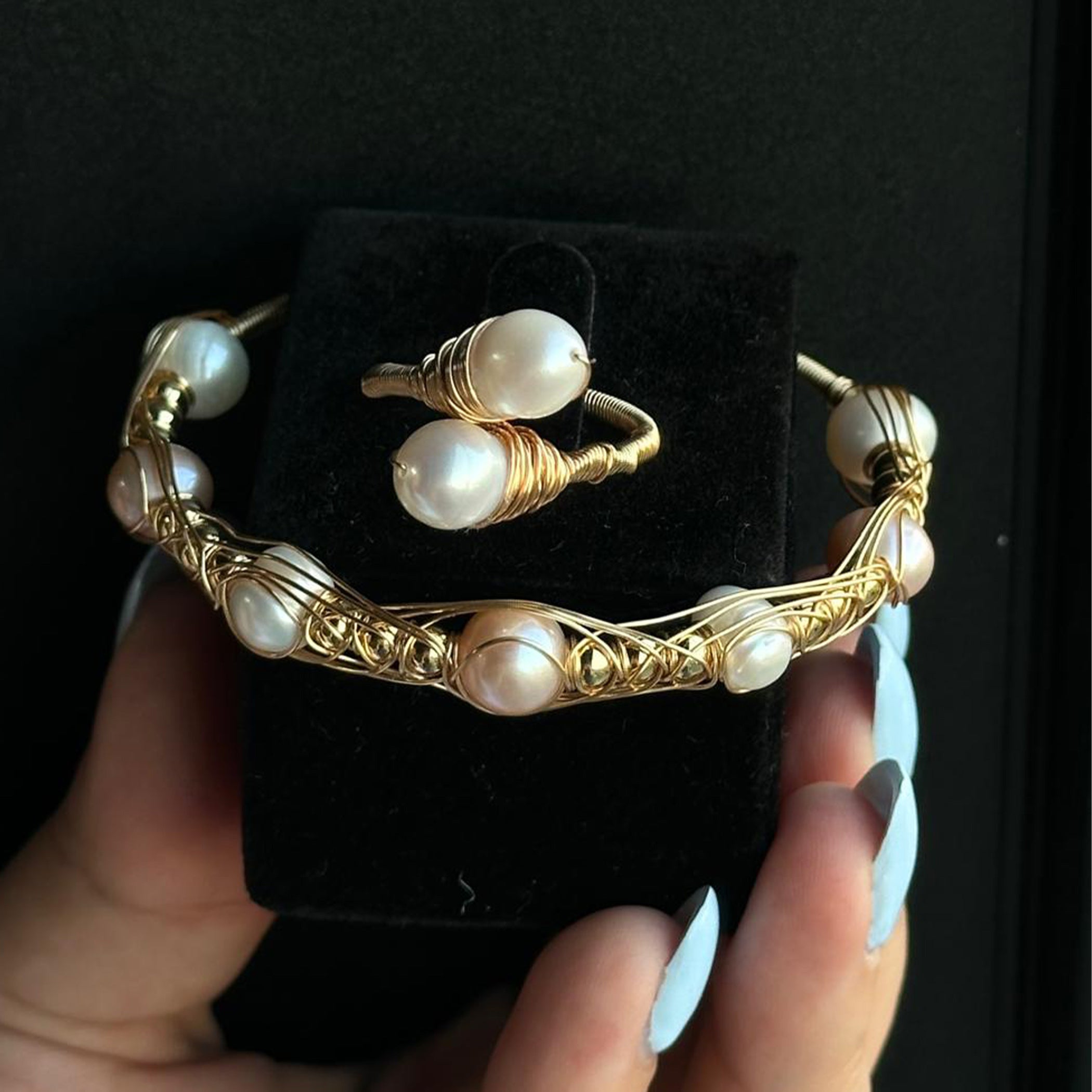 Natural Pearl Gold Plated Bracelet with Ring