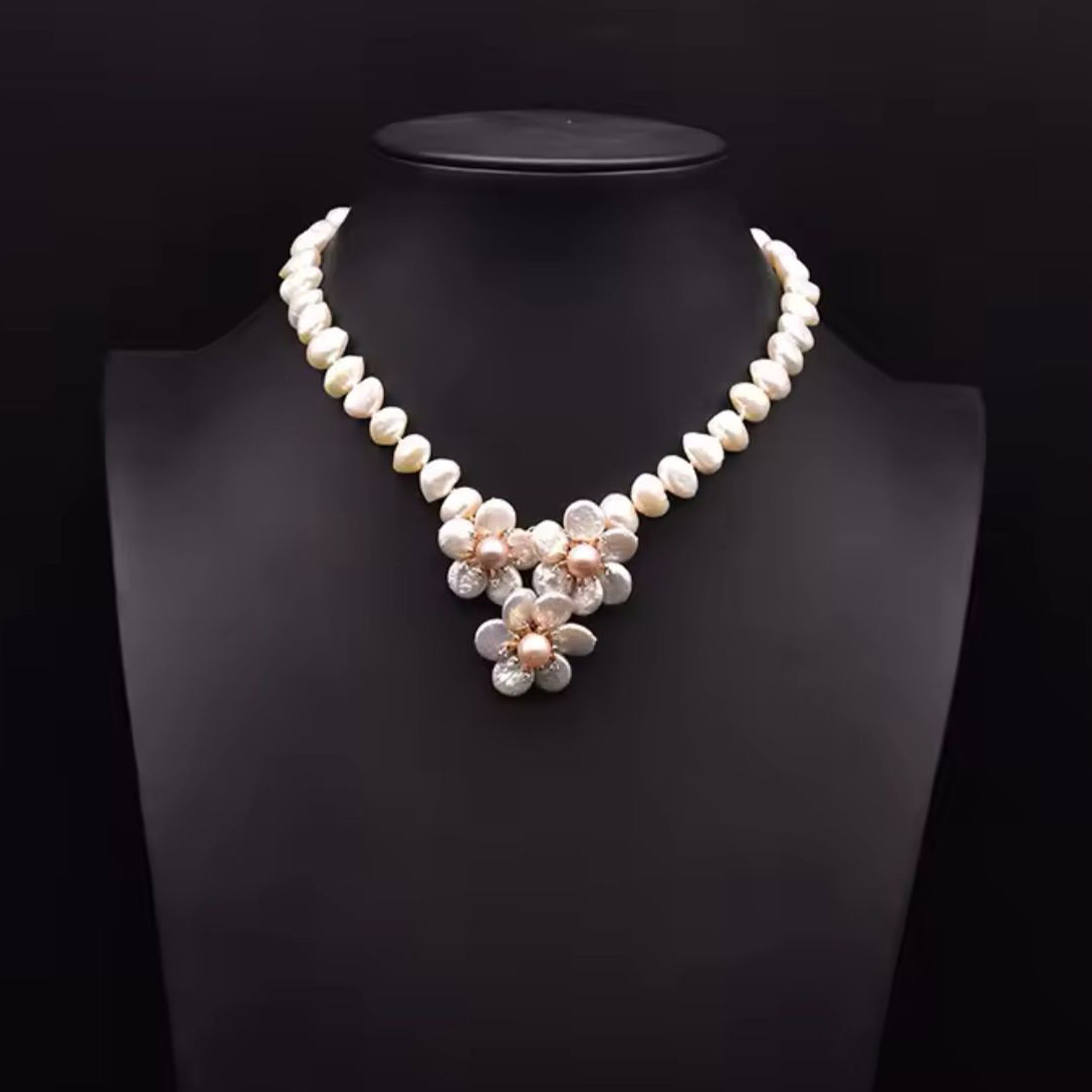 Natural Pearl With Flowers Design Necklace