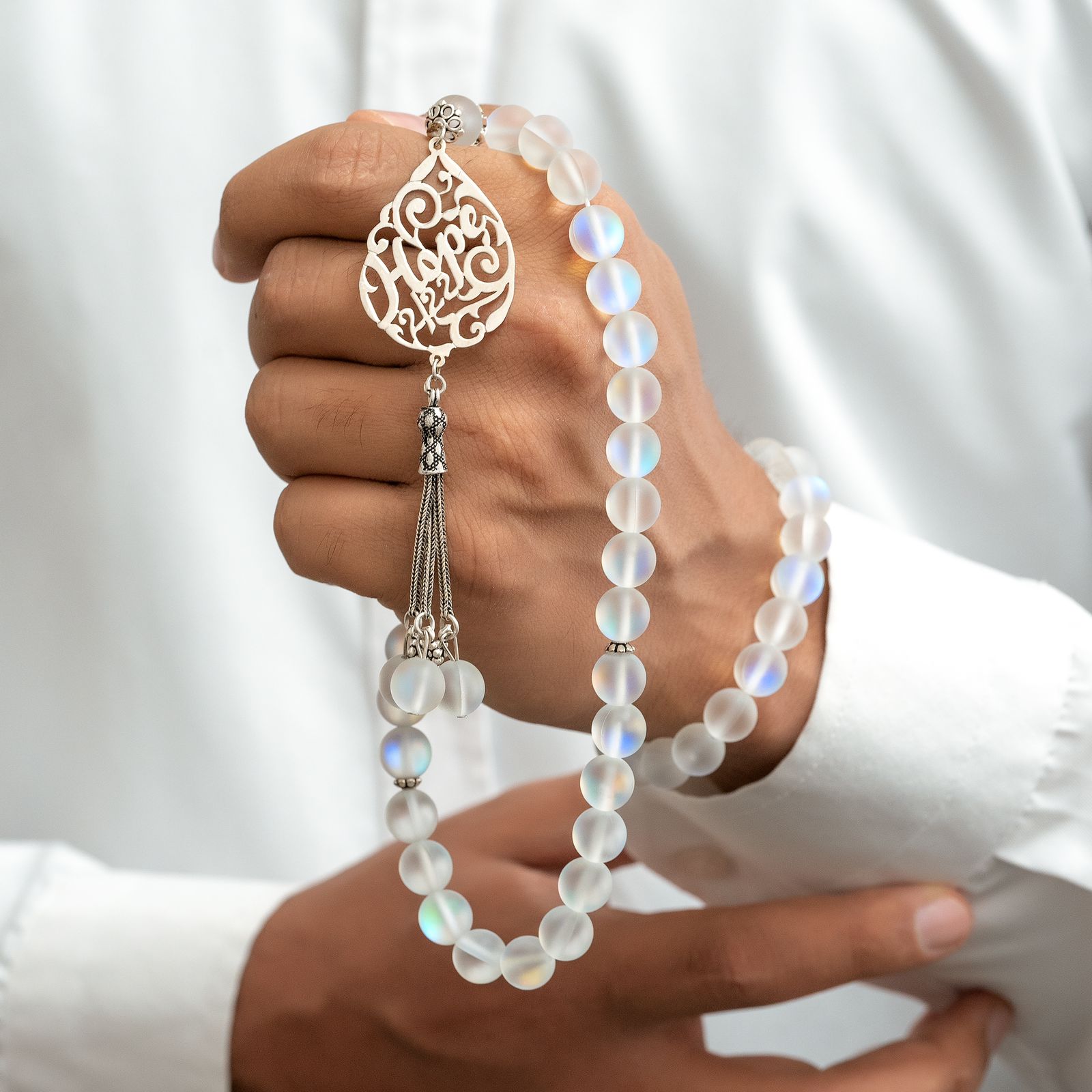 Natural Moon Stone Masbaha with Italian Silver Name Design ‎