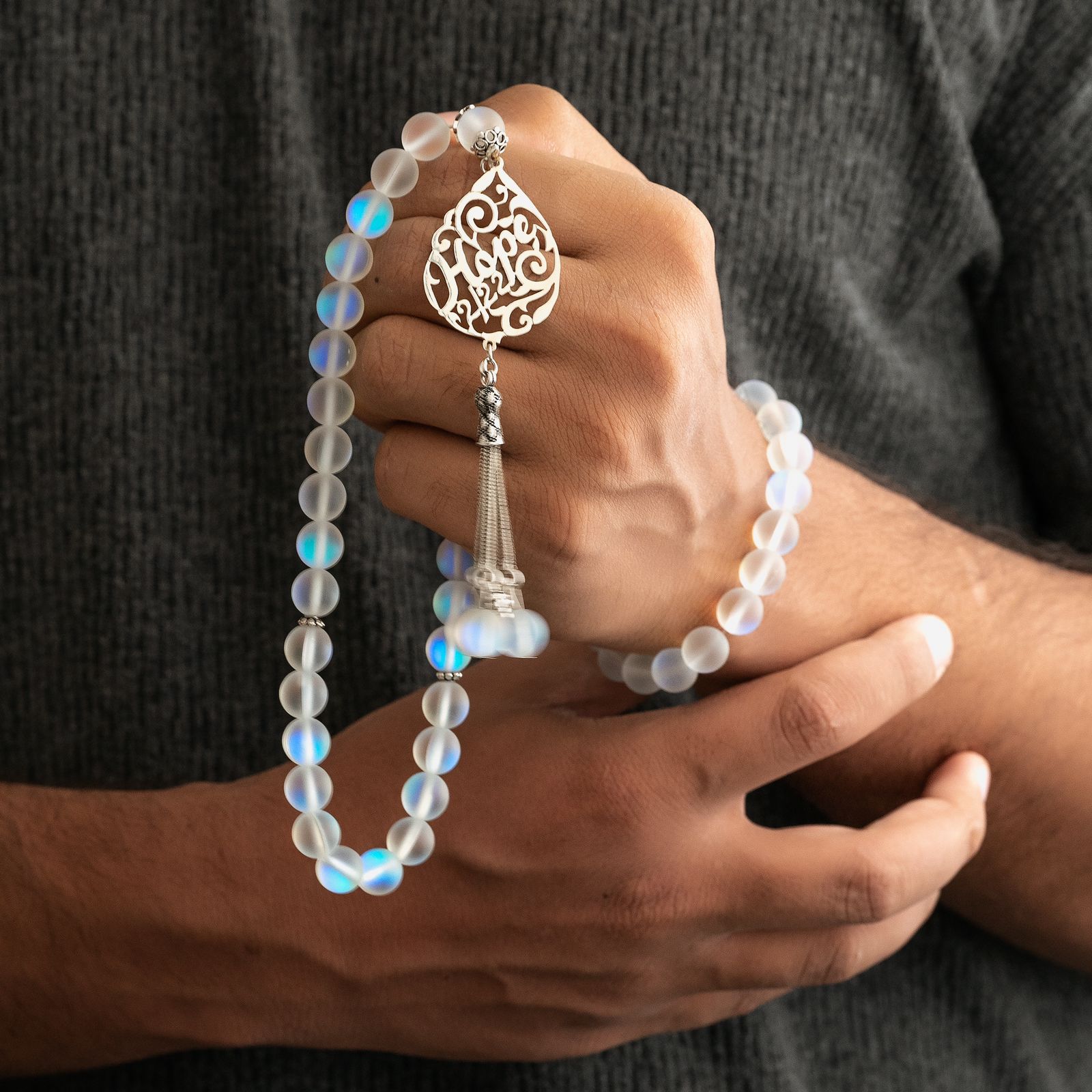 Natural Moon Stone Masbaha with Italian Silver Name Design ‎