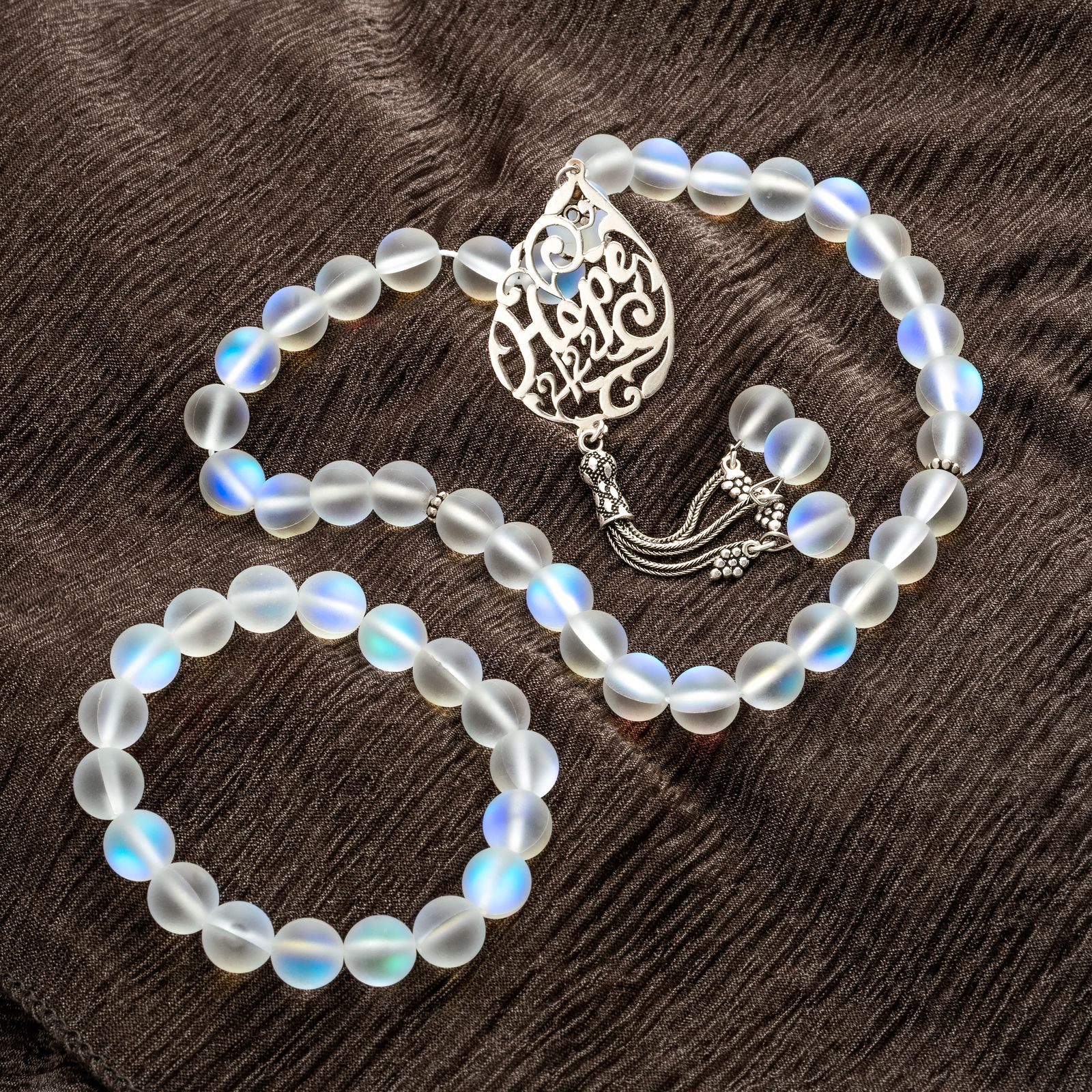 Natural Moon Stone Masbaha with Italian Silver Name Design ‎