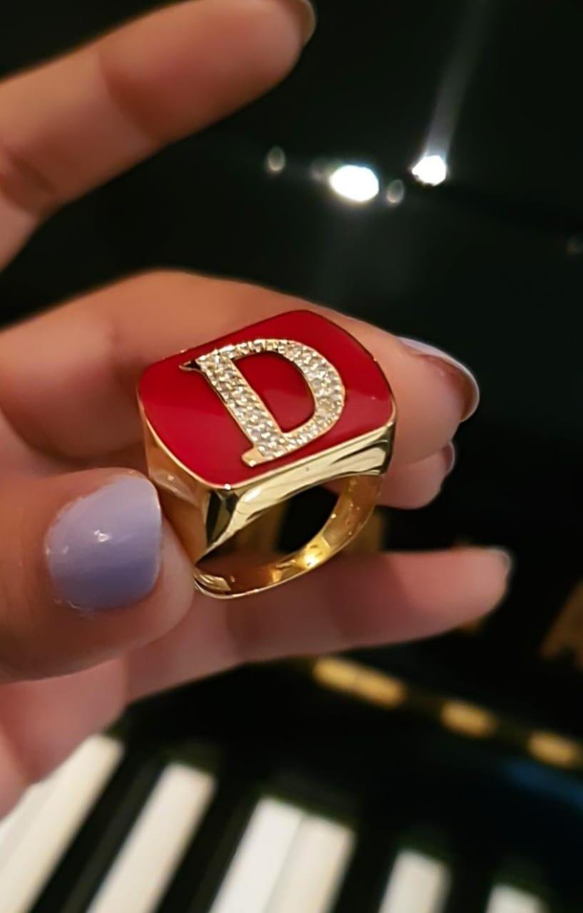 Gold Letter with Italian Enamel Design Ring