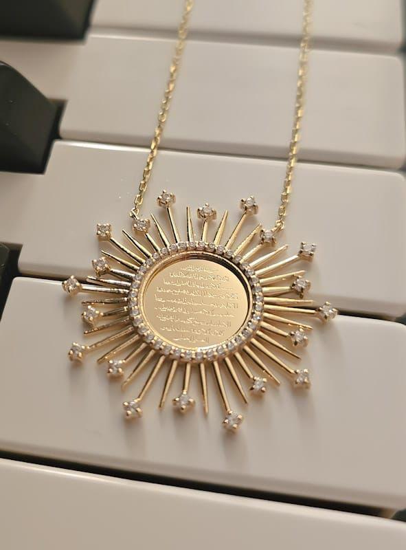 Gold Sun “Ayat Al Kursi” Hand Carving Design With Zirconia Stone Necklace