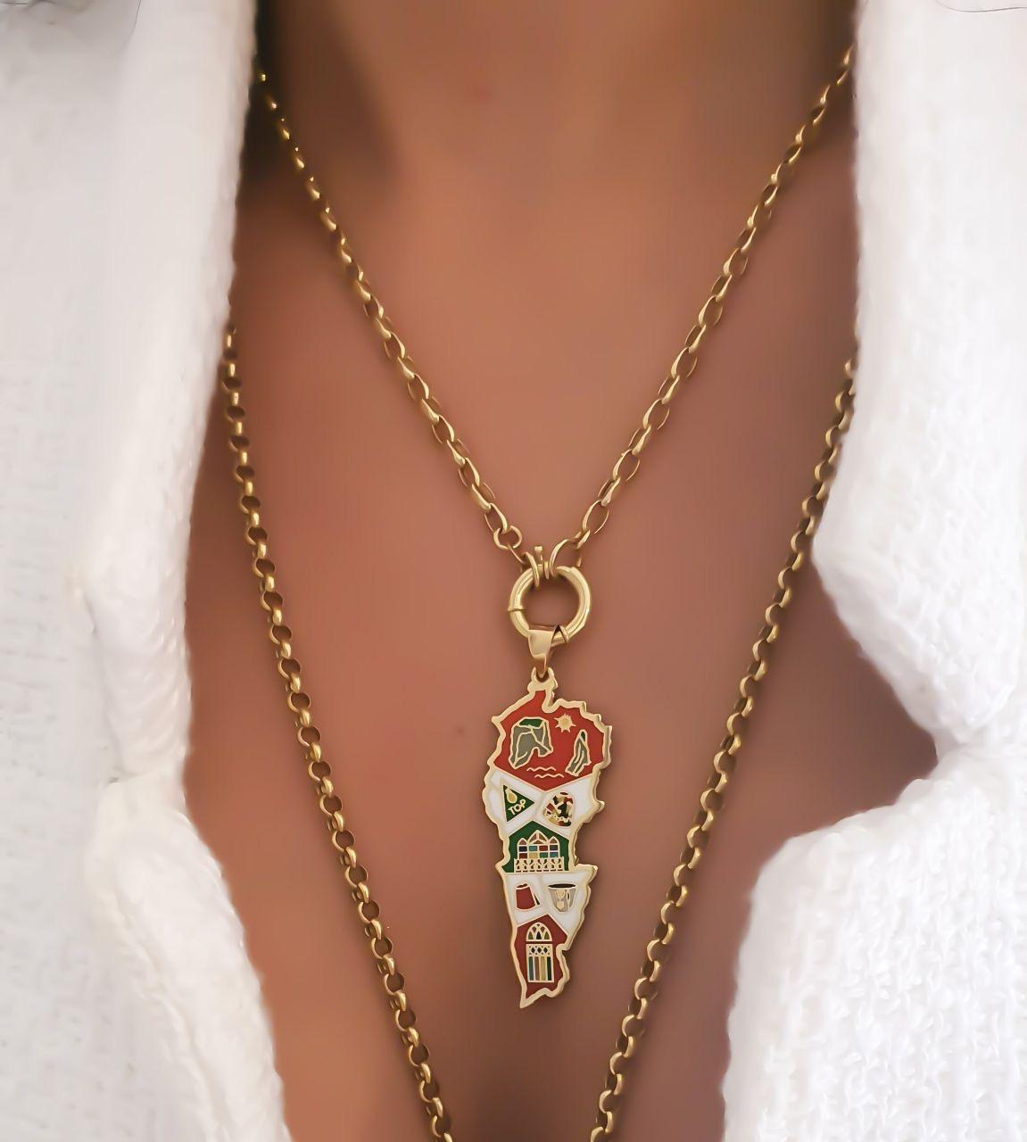 Gold Lebanon Map Design With Italian Enamel Necklace
