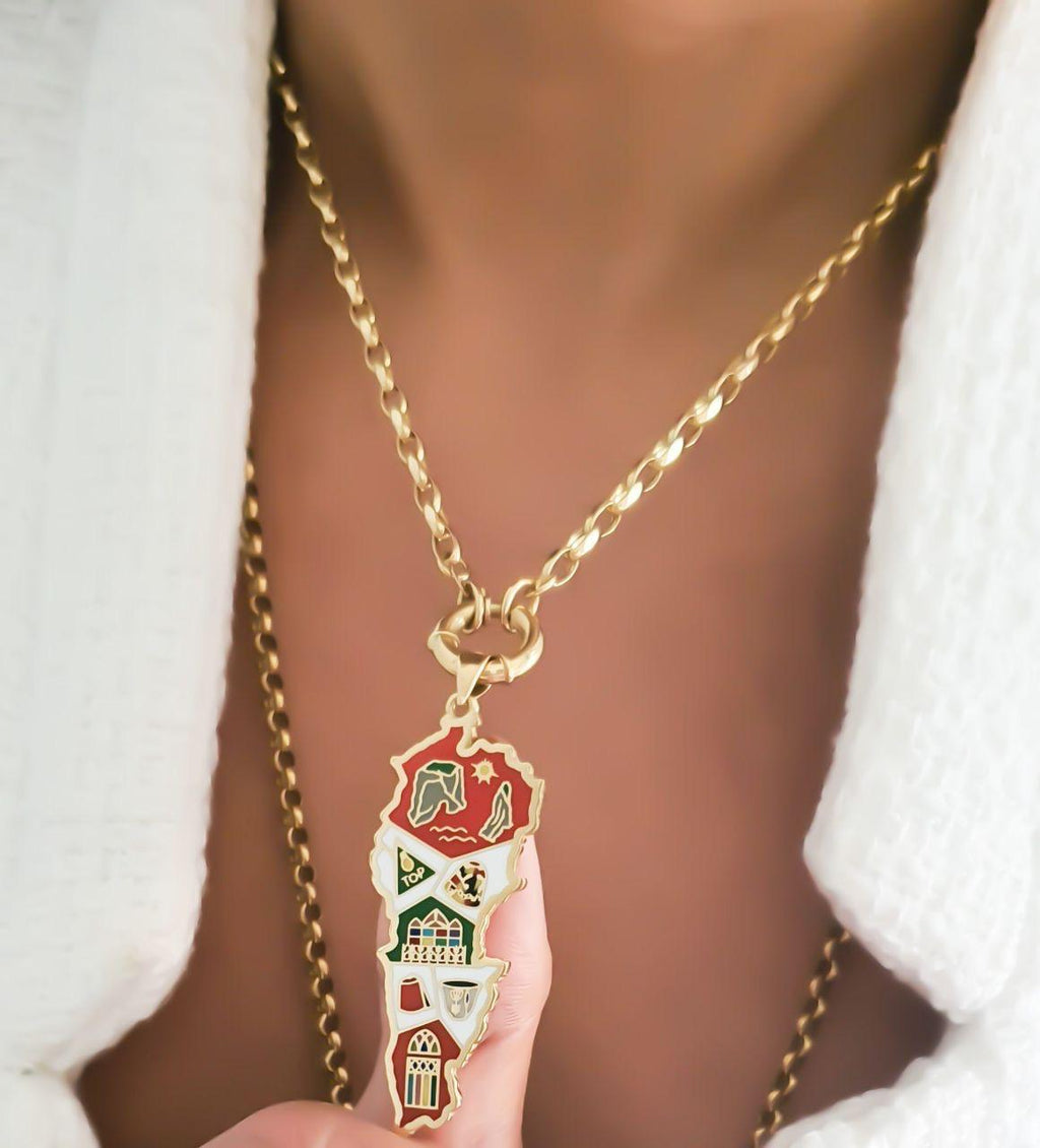 Gold Lebanon Map Design With Italian Enamel Necklace