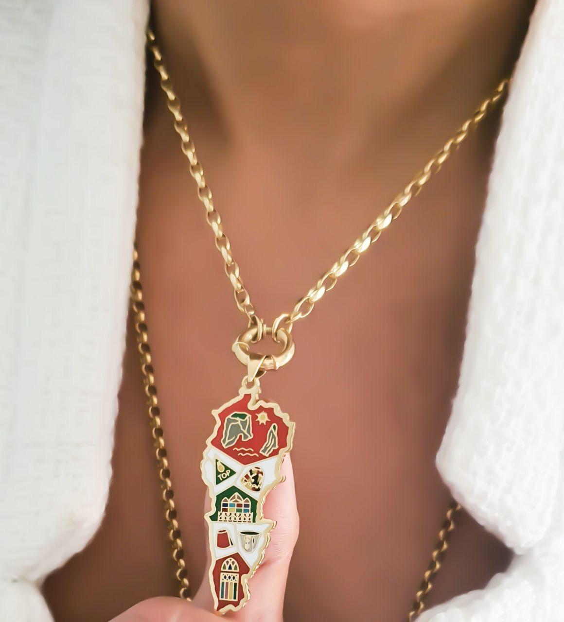Gold Lebanon Map Design With Italian Enamel Necklace