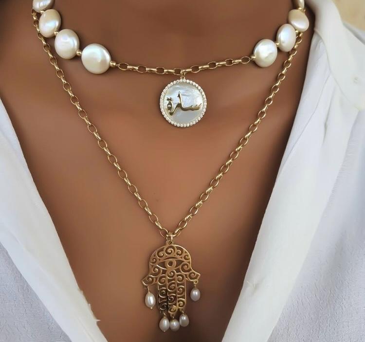 Gold Kaf Fatima Design With Natural Pearl Necklace