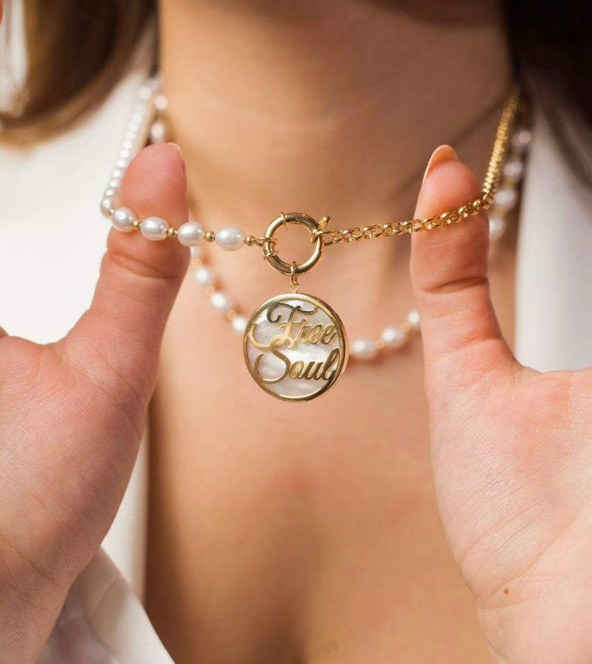 Gold Name Design With One Side Natural Pearl Necklace