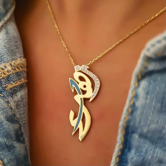 Gold Name Design With Italian Enamel and Zirconia Stone Necklace