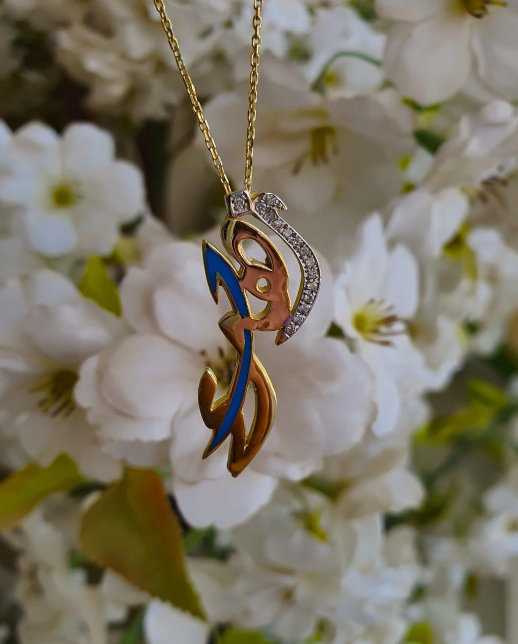 Gold Name Design With Italian Enamel and Zirconia Stone Necklace