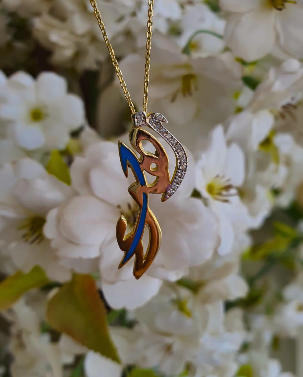 Gold Name Design With Italian Enamel and Zirconia Stone Necklace