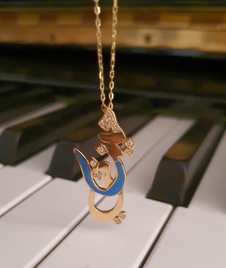 Gold Name Design With Italian Enamel and Zirconia Stone Necklace