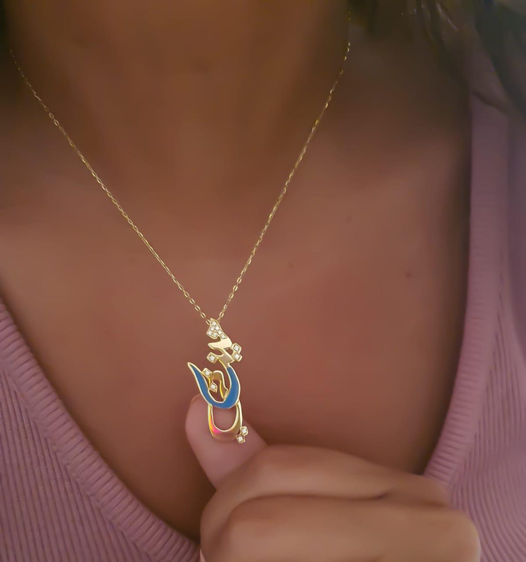 Gold Name Design With Italian Enamel and Zirconia Stone Necklace