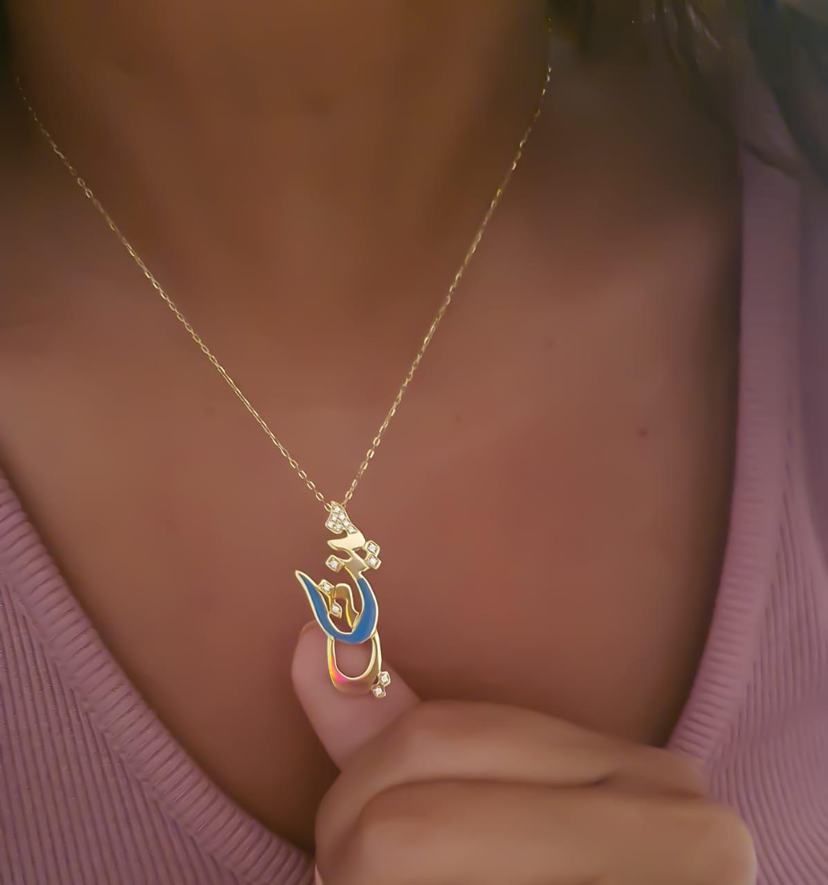 Gold Name Design With Italian Enamel and Zirconia Stone Necklace