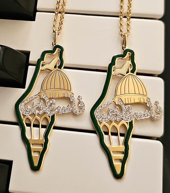 قلادة خريطة فلسطين الذهبية مع مينا إيطالي وحجر الزركون